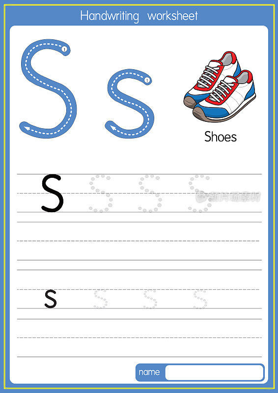 矢量插图鞋与字母S大写字母或大写字母的儿童学习练习ABC