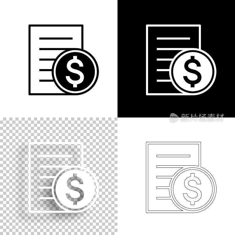 以美元计价的账单或发票。图标设计。空白，白色和黑色背景-线图标