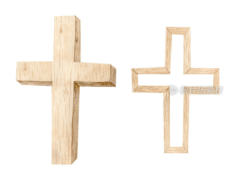 水彩基督教木制十字架，洗礼十字架，婚礼邀请，圣灵，宗教插图