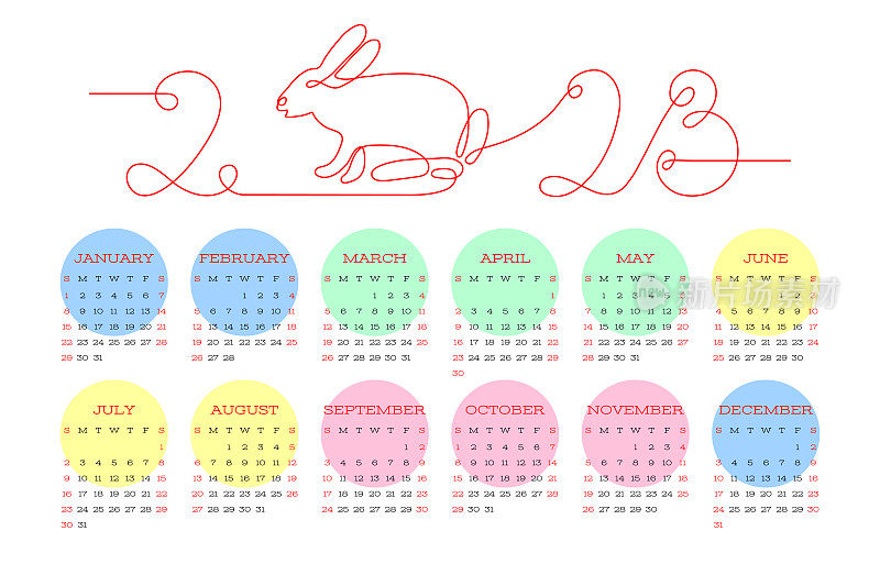 日历2023年。英文矢量压延模板。兔子一行。中国的星座。动物符号矢量轮廓涂鸦素描。可编辑的路径。兔子