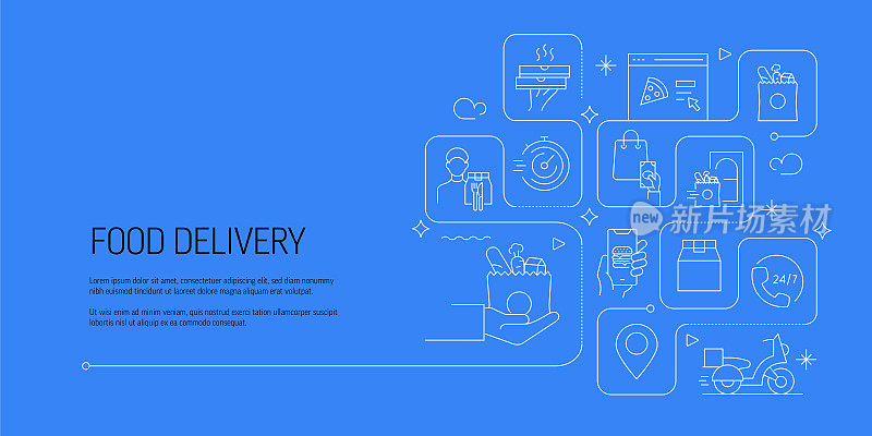 食品递送相关矢量横幅设计概念，现代线条风格与图标