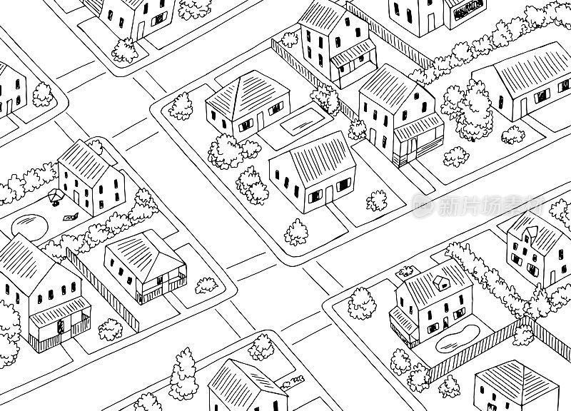 住宅区俯瞰从空中十字路口街道图形黑白素描插图矢量