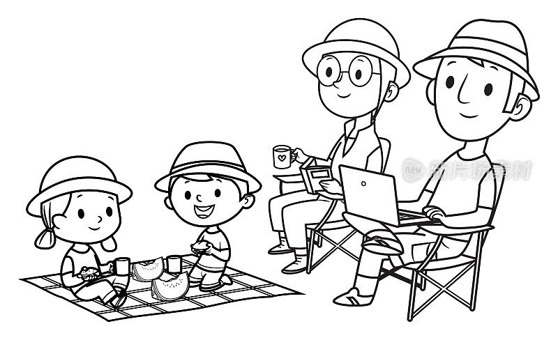 《黑与白》，快乐的一家人在野餐。