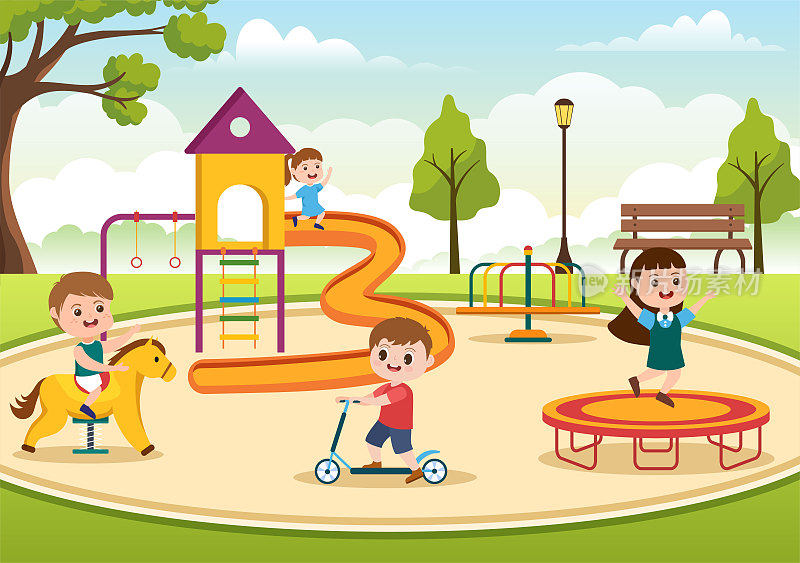 儿童游乐场与秋千，滑梯，爬梯和更多的游乐场为孩子们玩在平面卡通插图