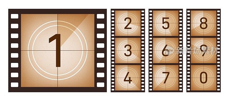电影倒计时。电影院放映老电影，抽象的数字帧为开始或结束磁带。电视连环画，复古好莱坞电影摄影，动画精确矢量概念