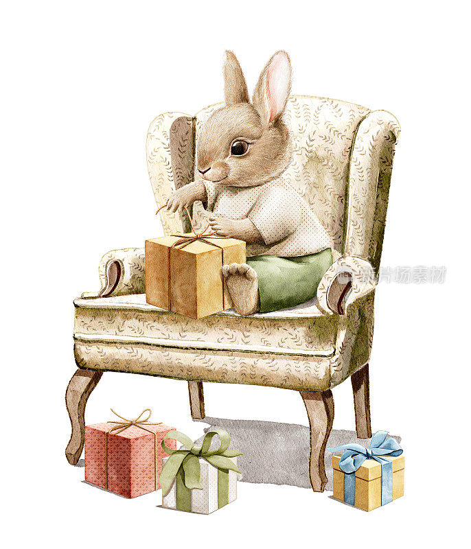 水彩复古卡通兔子穿着裤子和衬衫，拿着许多礼品盒，坐在椅子上