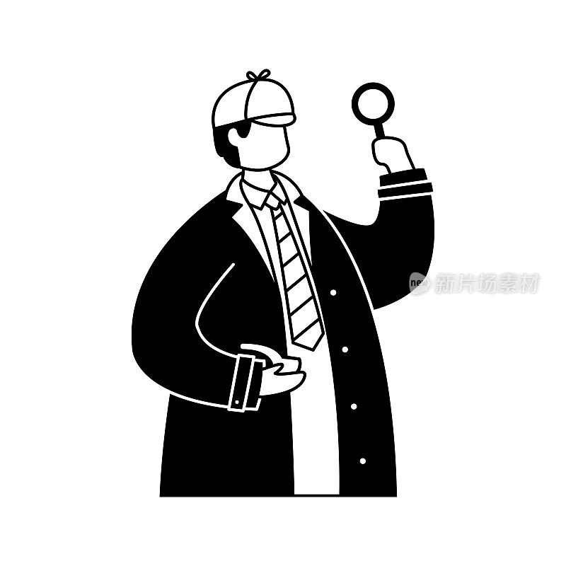 矢量插图，一个私人侦探在雨衣，手里拿着放大镜和一根烟斗。的职业。线的艺术