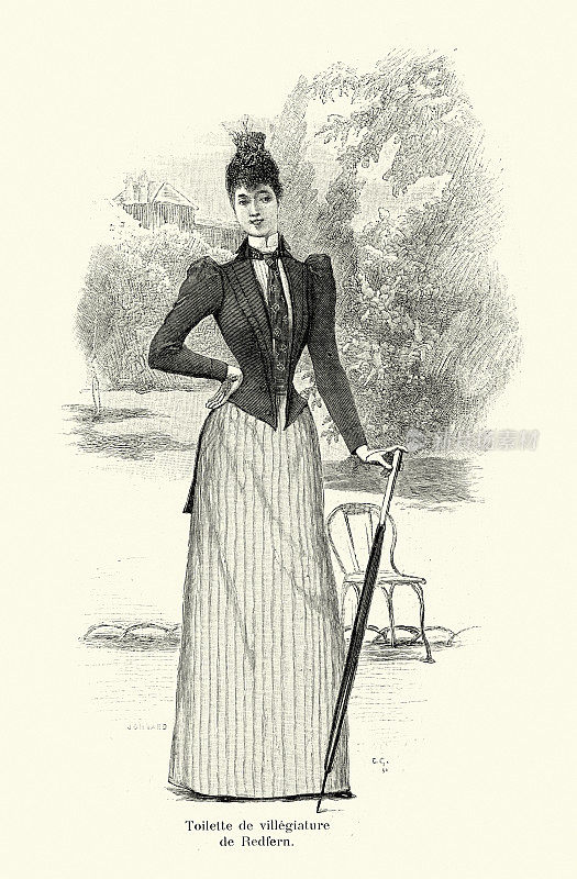 维多利亚时代女性时装，长裙，夹克和领带，19世纪法国服装1890年代