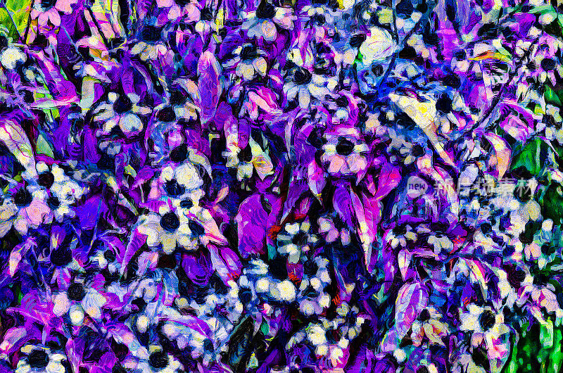 油画——盛开的花朵。现代数字艺术，印象派手法。模仿文森特·梵高的风格