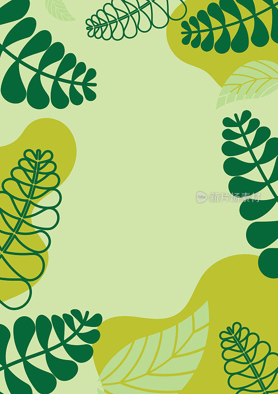 自然模板背景与绿叶和复制空间的文本。垂直设计海报，横幅和明信片。