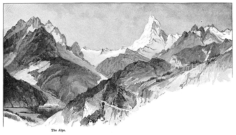 1898年的阿尔卑斯山黑白雕刻