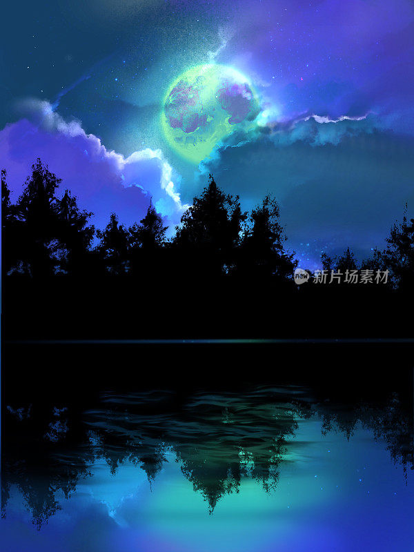 神秘的深森林夜景和闪耀的满月倒映在湖面上的梦幻背景插图
