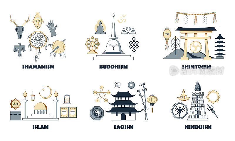 印度教、萨满教、神道教、佛教、道教。东方宗教的矢量概念。