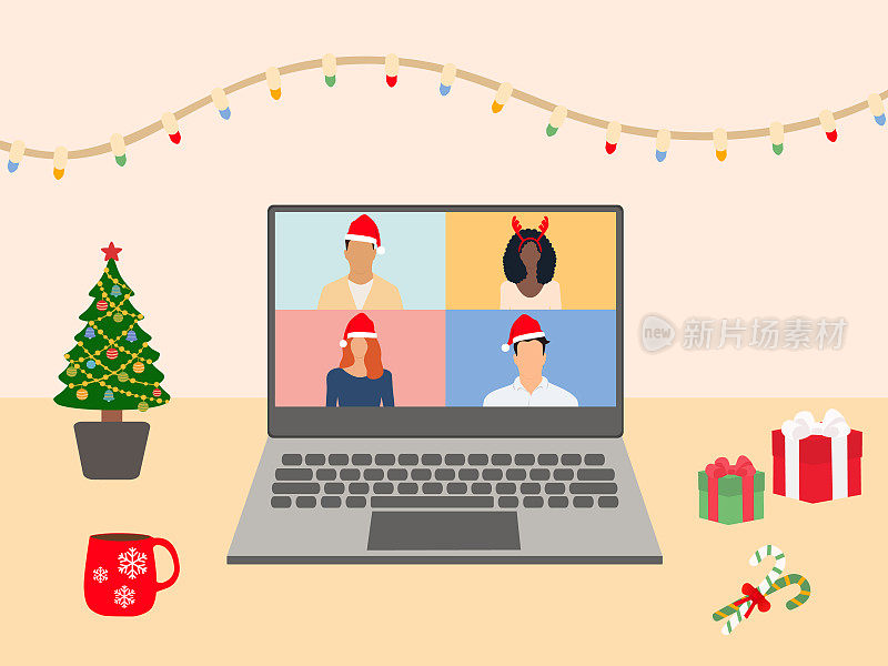 在线圣诞庆祝与视频会议在笔记本电脑