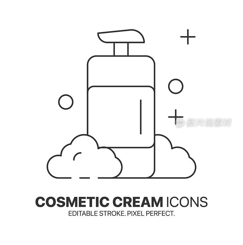美妆面霜的图标和标志。概述液体肥皂，面部泡沫。可编辑的描边，完美的像素符号