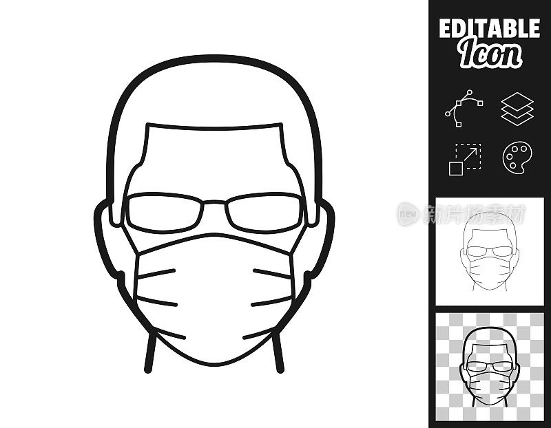 戴医用口罩的男子。图标设计。轻松地编辑