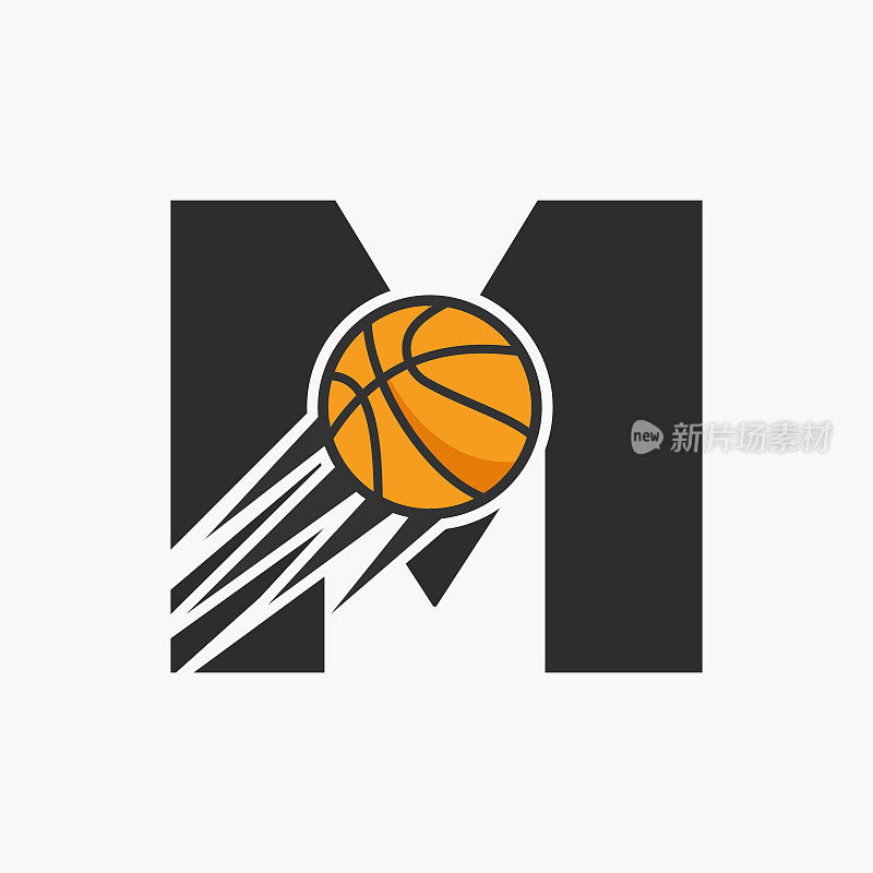 首字母M篮球标志概念与移动篮球图标。篮球标志符号向量模板