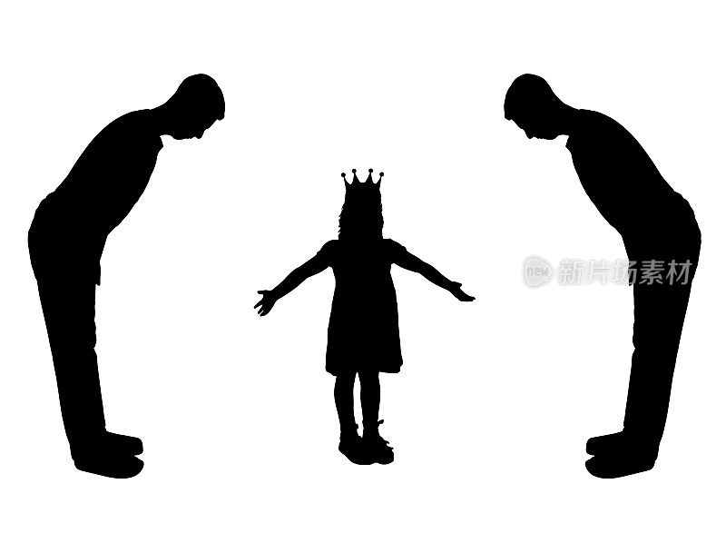 自私的小女孩头上戴着皇冠，两个仆人崇拜她。矢量剪影