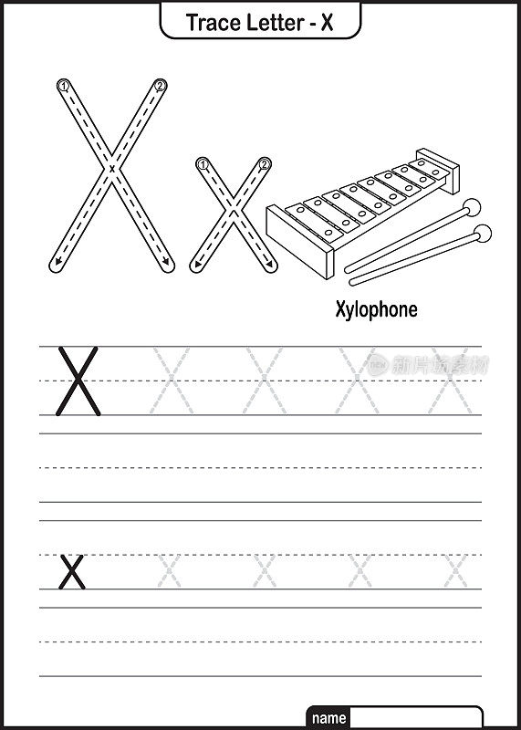 字母跟踪字母A到Z学龄前工作表与字母X木琴亲矢量