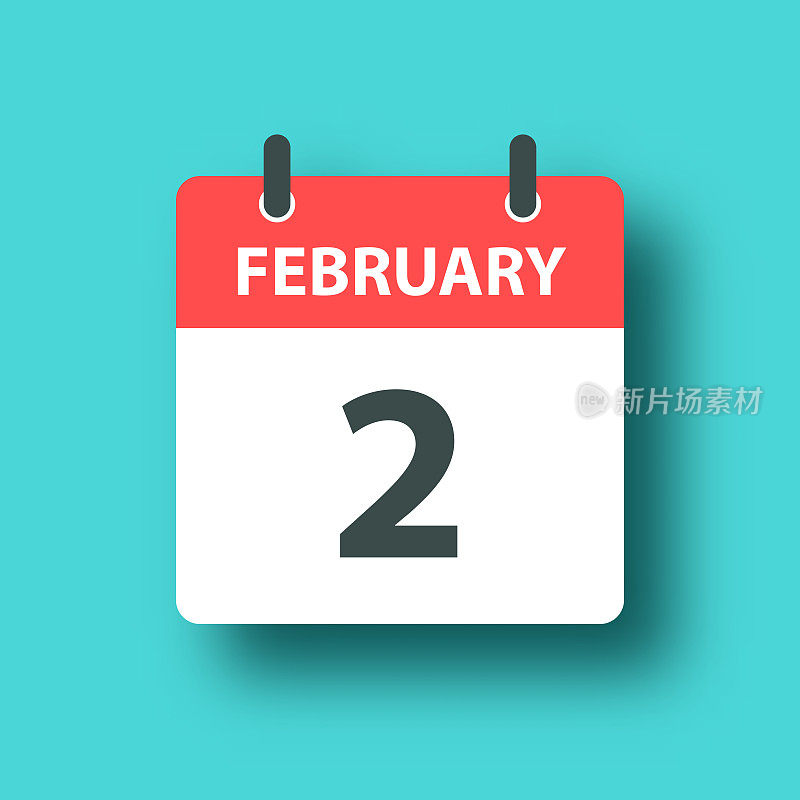 2月2日-每日日历图标在蓝色绿色背景与阴影