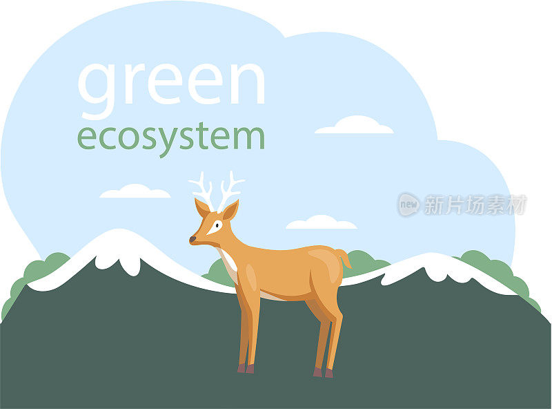 关爱绿色生态系统。地球生物多样性的代表。抽象背景上的鹿
