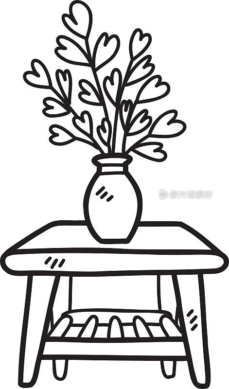 手绘边桌和植物插图