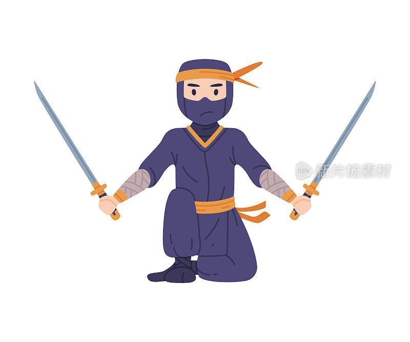 忍者或忍者角色作为日本秘密特工或雇佣兵在Shozoku伪装服装与剑在战斗姿态矢量插图
