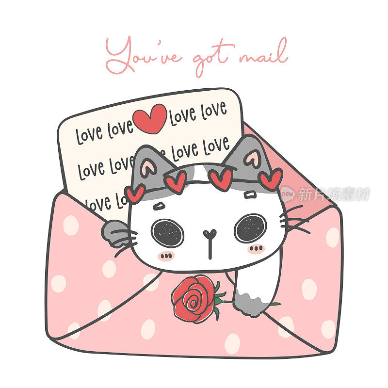 可爱的白色小猫猫在爱粉红色信封卡通动物涂鸦手绘插图矢量