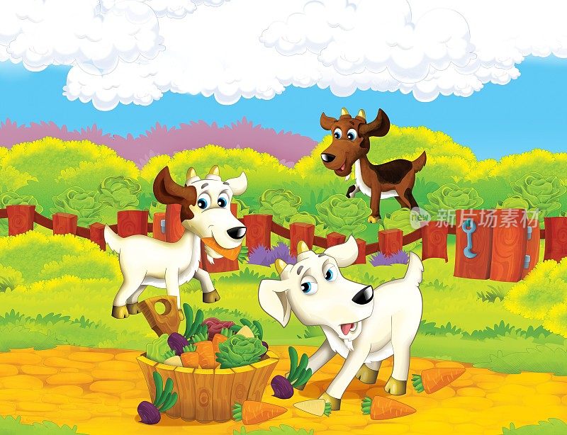 卡通场景-农场生活-山羊一家吃晚餐-蔬菜-儿童插图