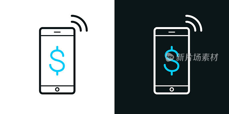 美元符号移动支付。黑色或白色背景上的双色线条图标-可编辑笔触