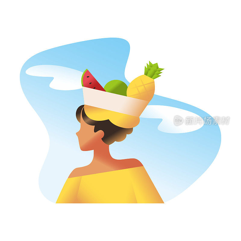 哥伦比亚妇女，头上戴着水果篮