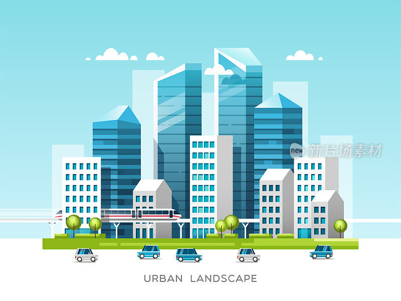 城市景观与建筑，摩天大楼和城市交通。矢量插图。