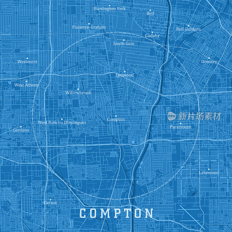 康普顿CA城市矢量道路地图蓝色文本