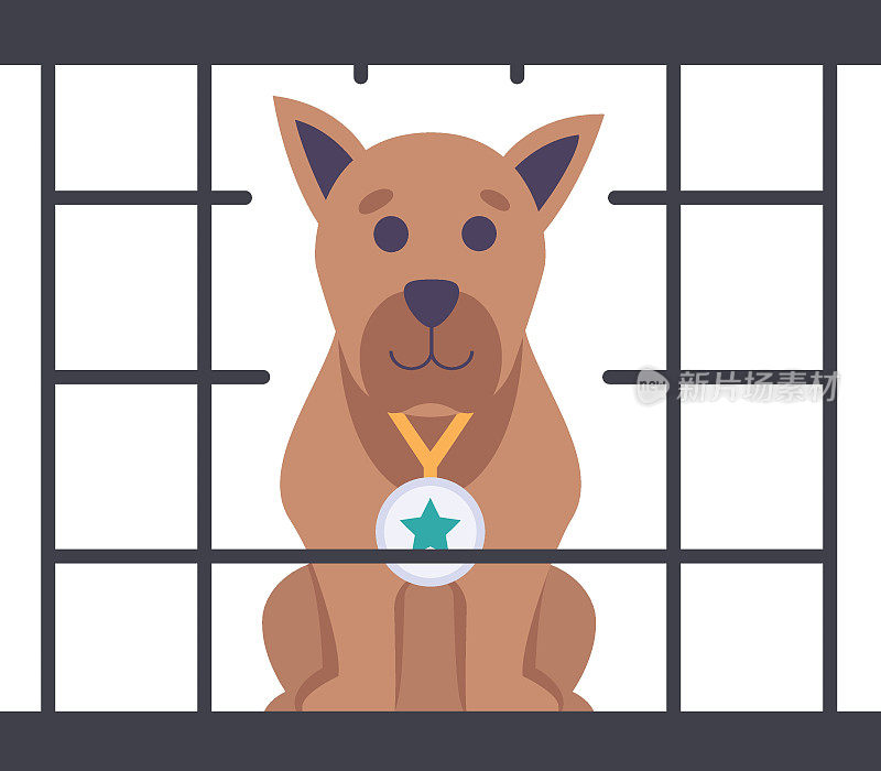 笼子里的流浪狗概念，被遗弃的宠物矢量颜色图标设计，宠物和兽医符号，动物收容所标志，四条腿的朋友股票插图