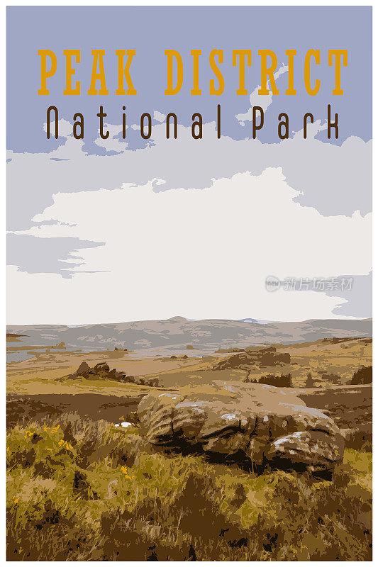 英国皮克区国家公园的复古旅游海报，灵感来自WPA。