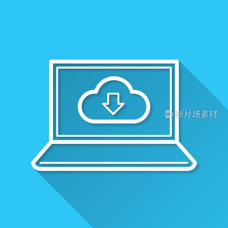 云下载到笔记本电脑。图标在蓝色背景-平面设计与长阴影