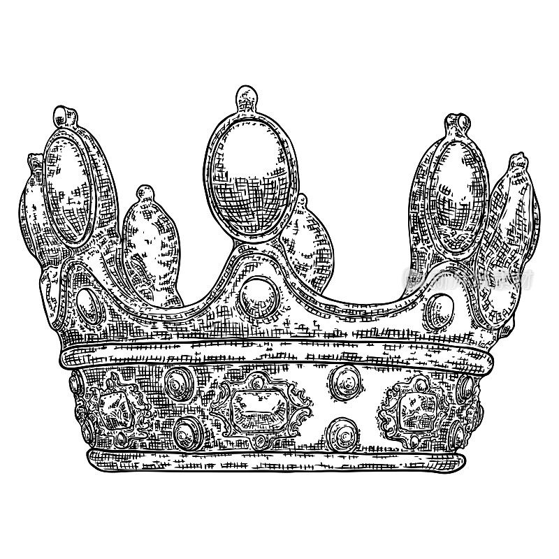 国王或女王的王冠上的复古蚀刻风格。国王和王后加冕时的头饰。皇家贵族皇室珠宝王冠。君主珍宝的象征。手绘矢量。