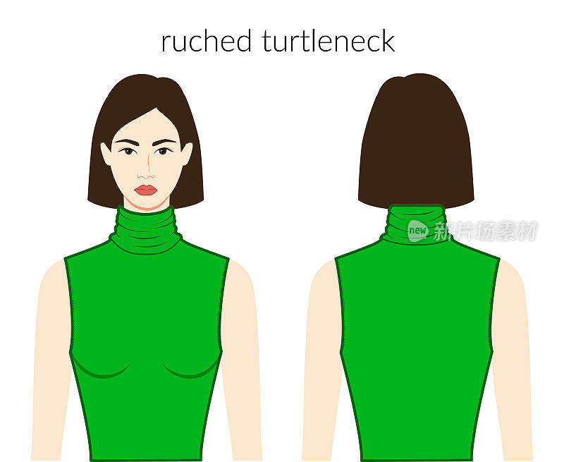 皱领高领衣服针织，毛衣字符美女在绿色上衣，衬衫，连衣裙技术时尚插图合身的身体。平板服装模板。女人，男人男女皆宜的CAD模型
