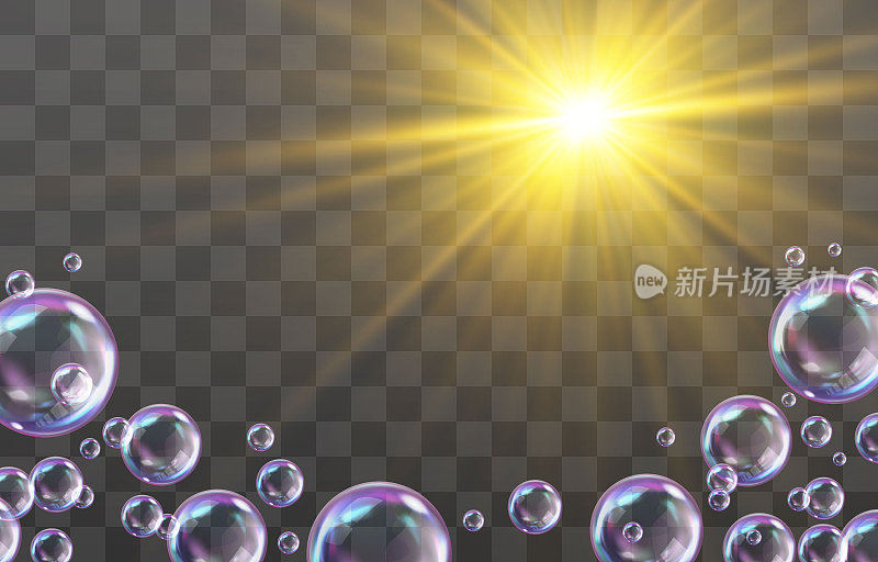 矢量透明的阳光和现实的肥皂泡与彩虹反射隔离在png背景。具有特殊闪光效果的彩色肥皂泡。夏季矢量设计元素