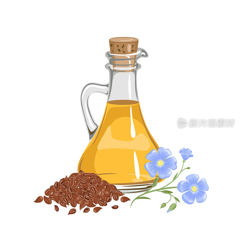 亚麻籽油在玻璃瓶里，堆种子和花。矢量卡通插图的亚麻籽油。