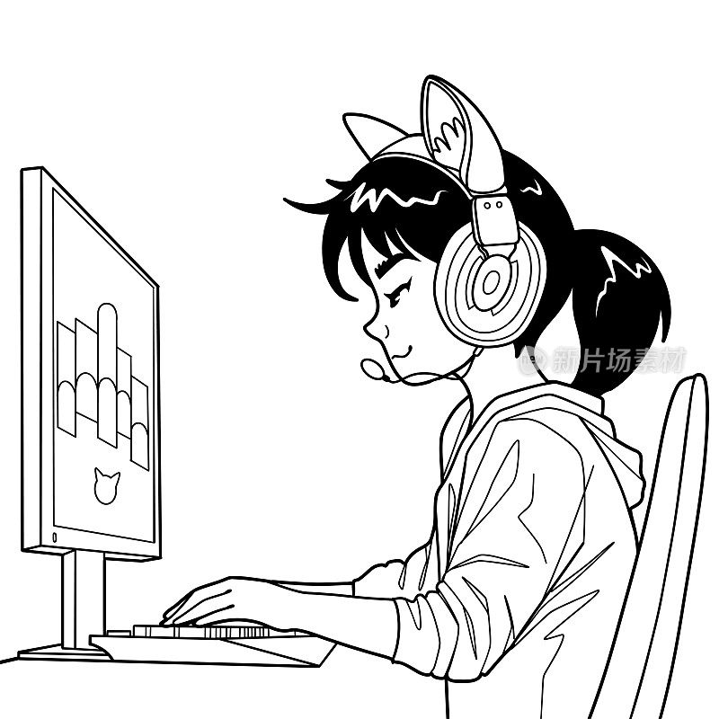 亚洲女孩游戏玩家或带着头戴式耳机坐在电脑前