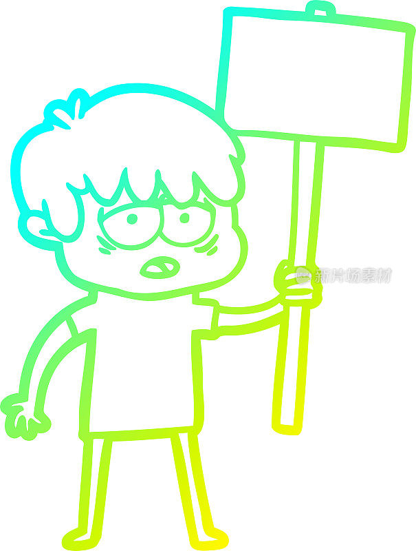冷梯度线画一个卡通疲惫的男孩与标语牌