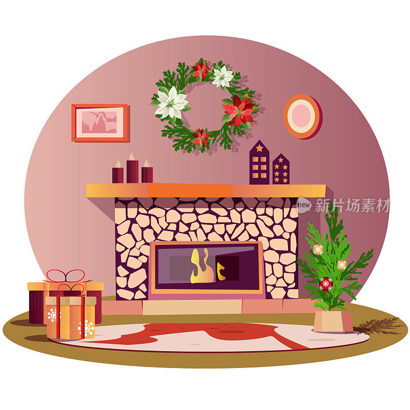 家庭内部与圣诞装饰。圣诞树上有球、礼品盒、蜡烛、圣诞花环和壁炉。