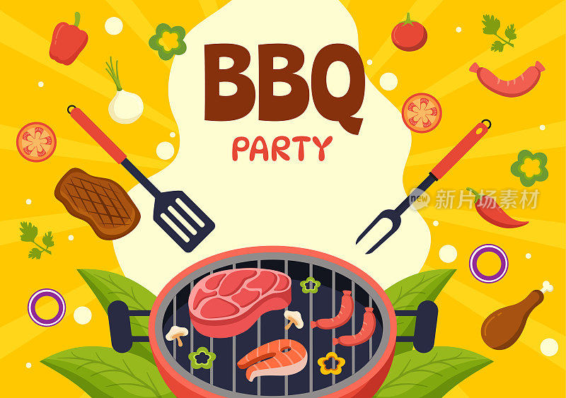 烧烤和烧烤设置矢量插图人在节日和夏季烹饪卡通手绘模板公园烧烤或烧烤派对食品