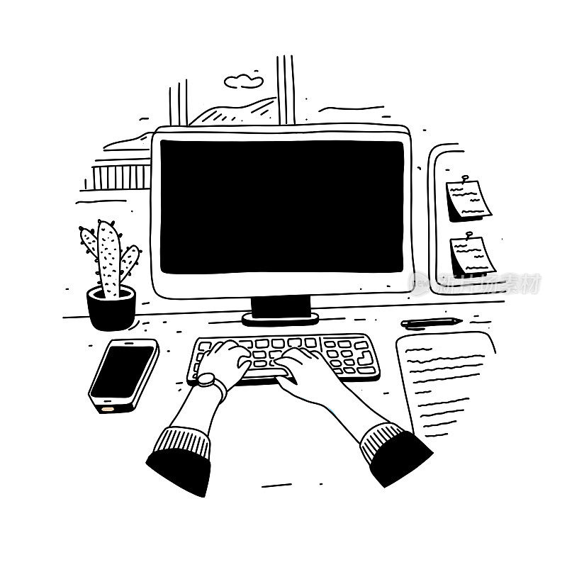 一个年轻人在电脑桌前工作。矢量插图办公桌设计概念。手绘，素描，涂鸦。