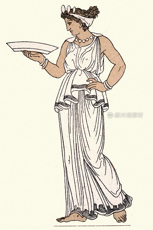古希腊妇女的时尚，年轻的希腊妇女穿着半二倍体石袍，时尚史