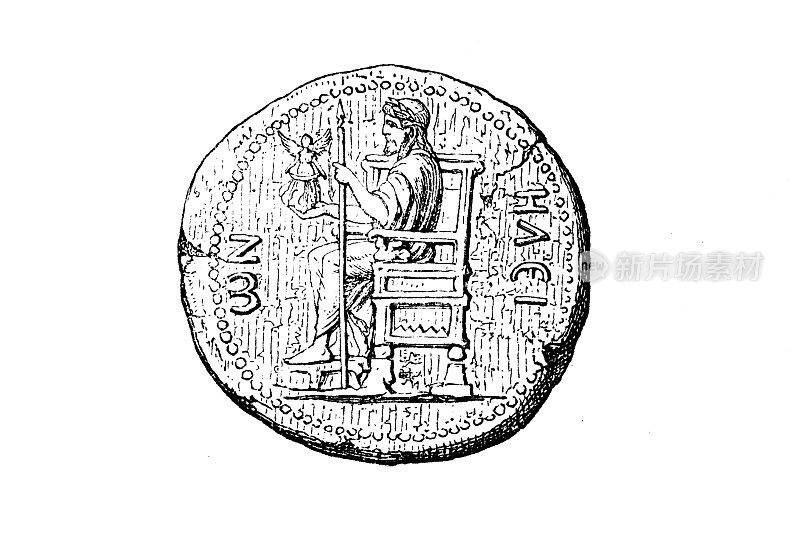 伊利斯的哈德良硬币，刻有奥林波斯山宙斯的形象