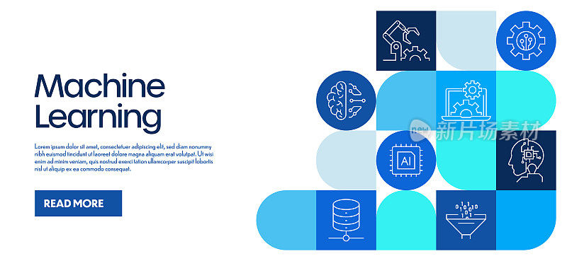 使用线图标进行机器学习相关设计。简单轮廓符号图标。连接，机器人，数据库，人工智能。