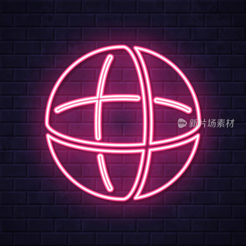 球体。在砖墙背景上发光的霓虹灯图标