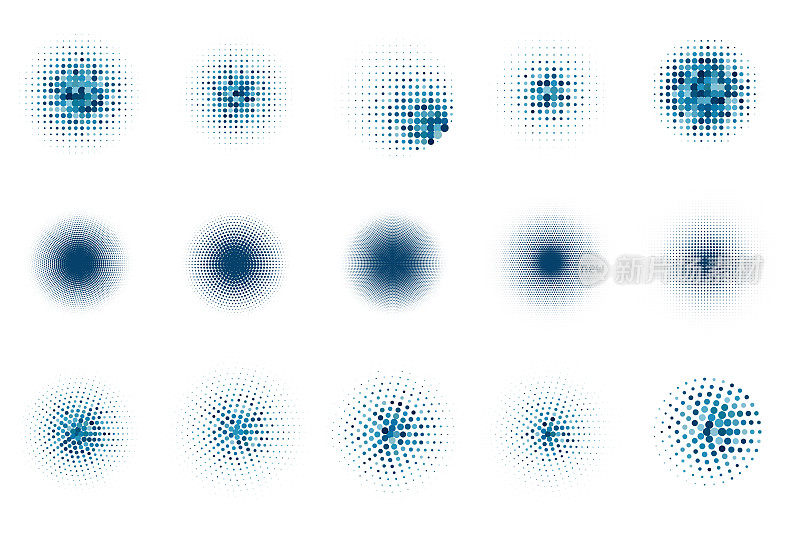 矢量蓝色半色调梯度波点纹理集圆元素在白色背景